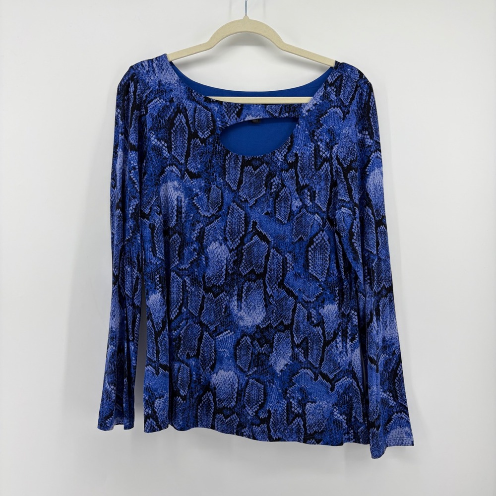 I.N.C. Womens Large Blue Snakeskin Long Sleeve Top Cutout Neckline Animal Print